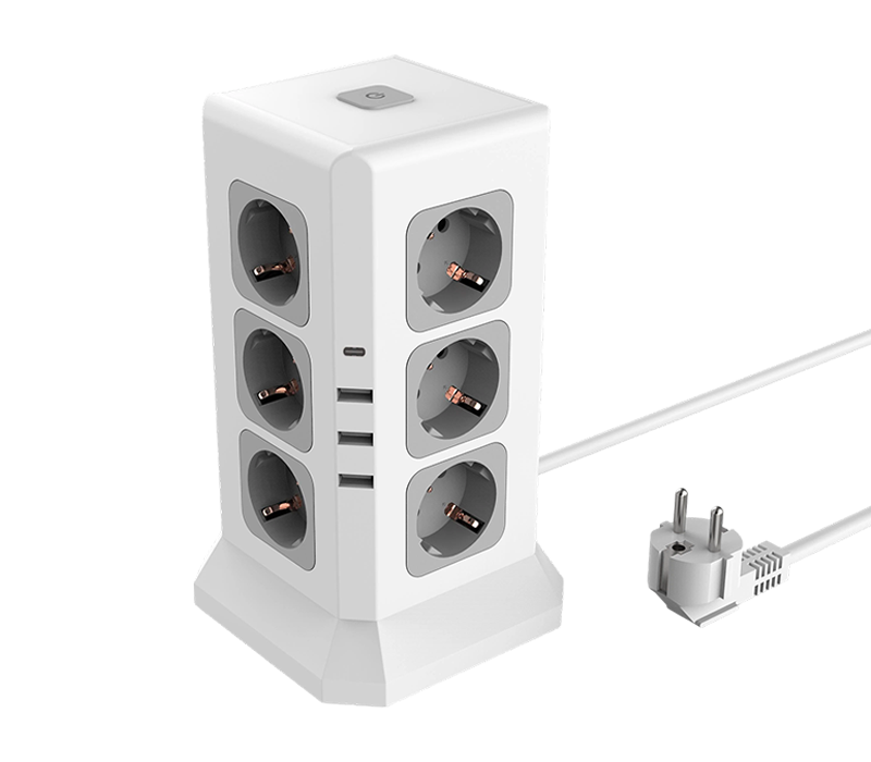 Przewodowa wielofunkcyjna listwa zasilająca E11 z 12 gniazdami w stylu europejskim, 3 portami USB-A i 1 portem USB-C, z przełącznikiem