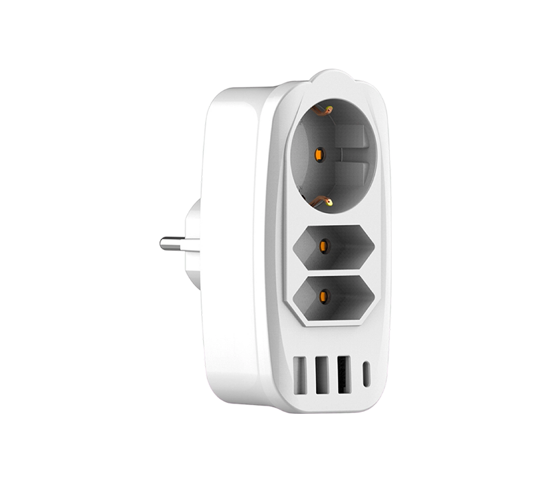 E06 Wtykowa wielofunkcyjna listwa zasilająca z 2 gniazdami europejskimi typu C, 1 gniazdem europejskim typu F, 3 portami USB-A i 1 portem USB-C
