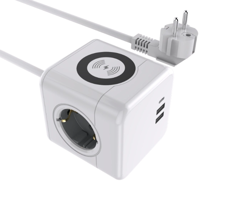 Przewodowa listwa zasilająca typu Cube E07 z 3 gniazdami w europejskim stylu, 2 portami USB-A i 1 portem USB-C