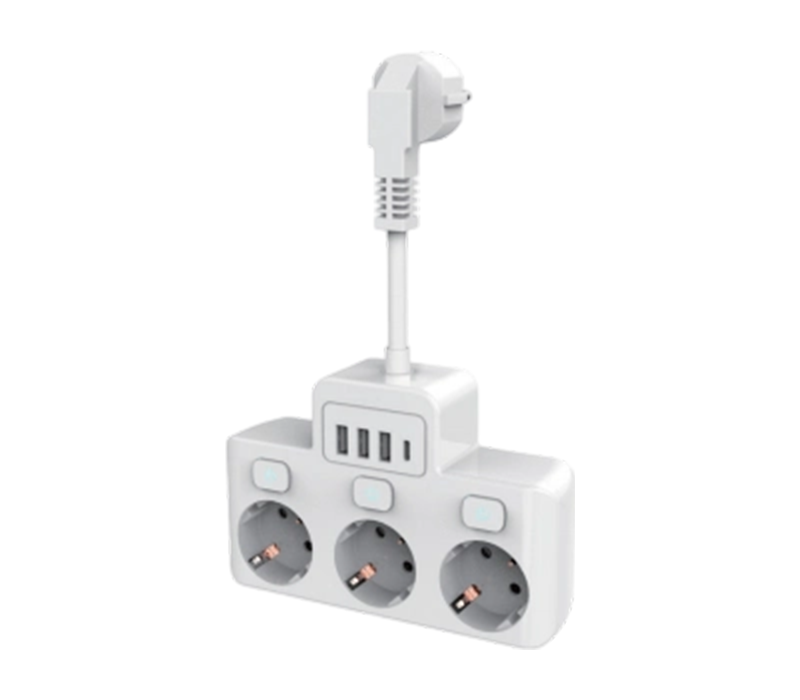 Przewodowa listwa zasilająca E14 z 3 gniazdami w stylu europejskim, 3 portami USB-A i 1 portem USB-C, z niezależnym przełącznikiem