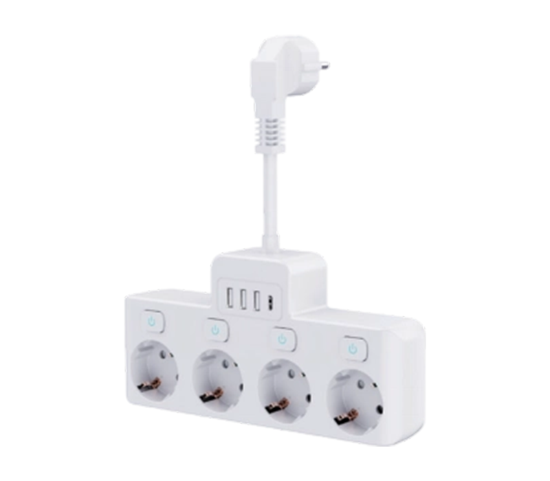 Przewodowa listwa zasilająca E14-4 z 4 gniazdami w stylu europejskim, 3 portami USB-A i 1 portem USB-C, z niezależnym przełącznikiem