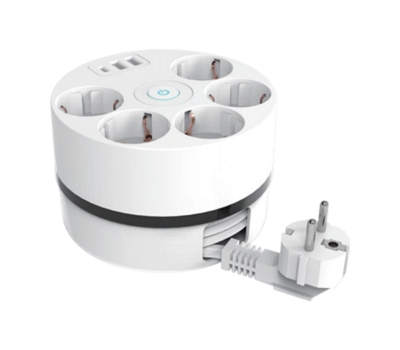 Listwa zasilająca na szpulę kablową E18 ze zwijanym przewodem, 5 gniazdek w stylu europejskim, 2 porty USB-A i 1 port USB-C, przełącznik w zestawie