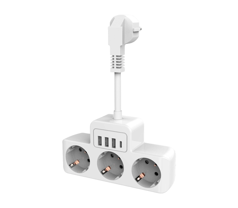 Przewodowa listwa zasilająca E13 z 3 gniazdami w stylu europejskim, 3 portami USB-A i 1 portem USB-C