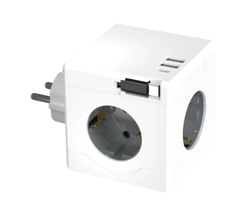 Listwa zasilająca w kształcie kostki E15-D z 3 gniazdami w stylu europejskim, 2 portami USB-A i 1 portem USB-C, wyposażona w zwijany kabel ładujący