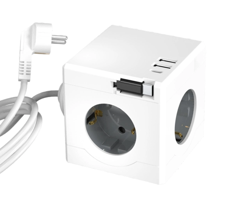 Przewodowa listwa zasilająca w kształcie kostki E16-D z 3 gniazdami w stylu europejskim, 2 portami USB-A i 1 portem USB-C, wyposażona w zwijany kabel ładujący