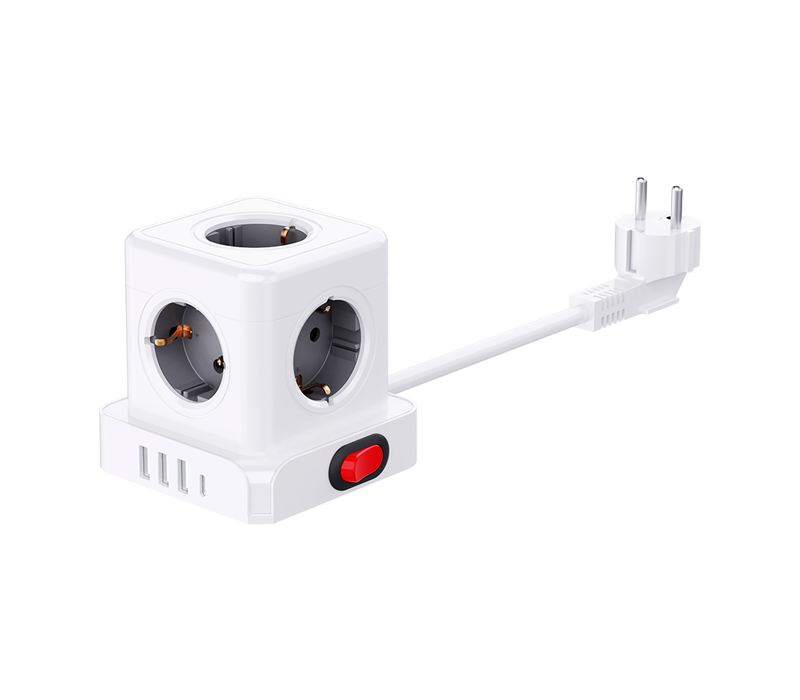 Przewodowa listwa zasilająca typu Cube E23 z 5 gniazdami w europejskim stylu, 3 portami USB-A i 1 portem USB-C, z przełącznikiem