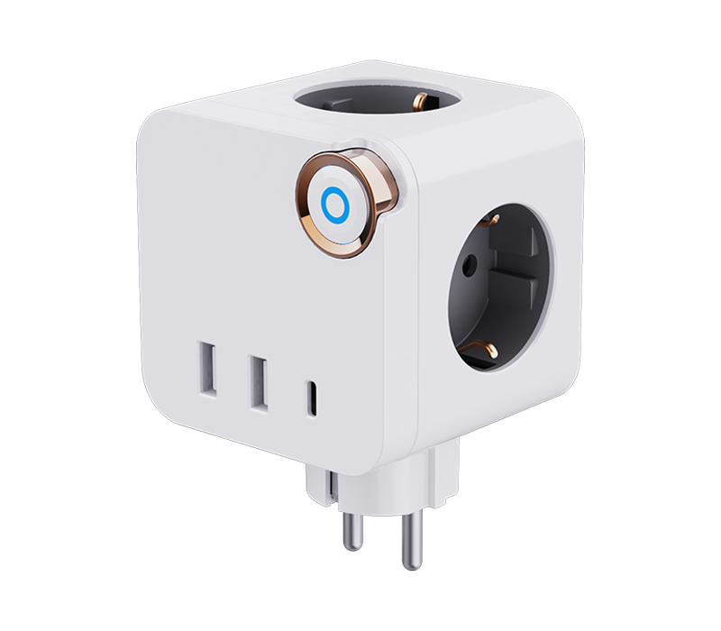 Listwa zasilająca w kształcie kostki E19 z 3 gniazdami w stylu europejskim, 2 portami USB-A i 1 portem USB-C, z przełącznikiem